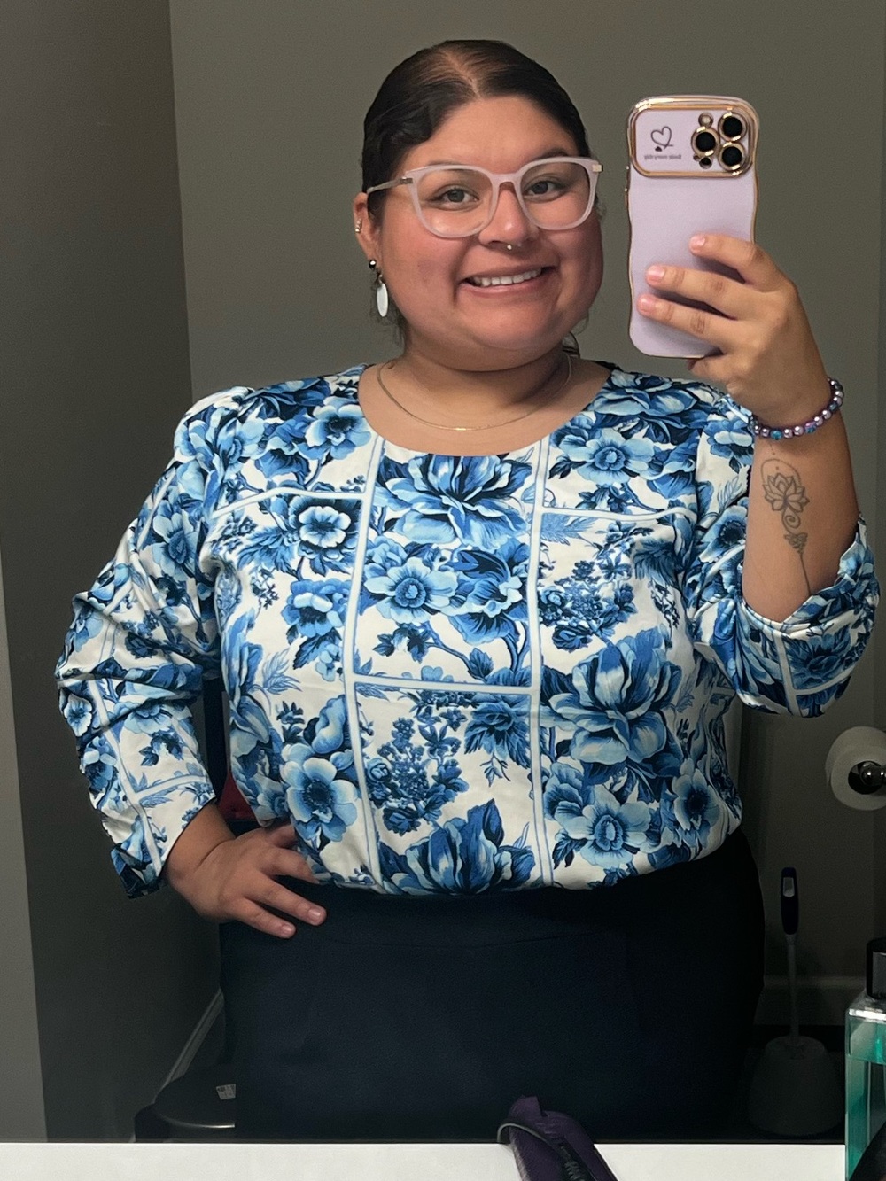 Cato Blue and White Floral Paneled Blouse